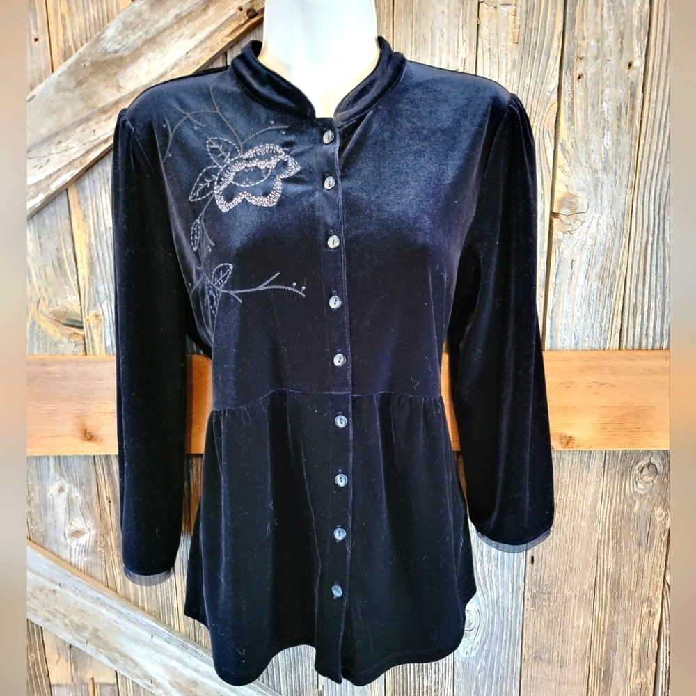 J Jill Shirt Womens medium Black Top Blouse Velour Stretch Casual Button up